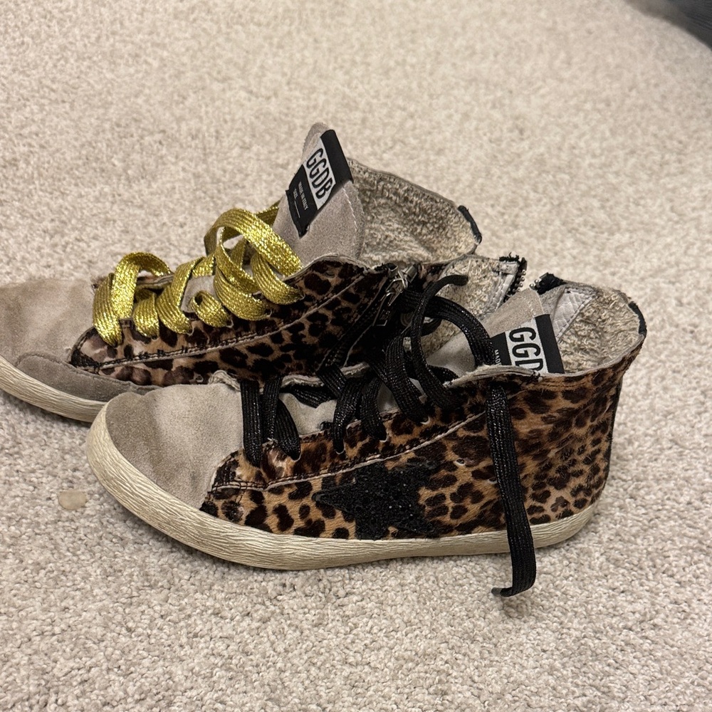 Golden Goose Leopard-Print High-Top Sneakers with Black & Gold Accents